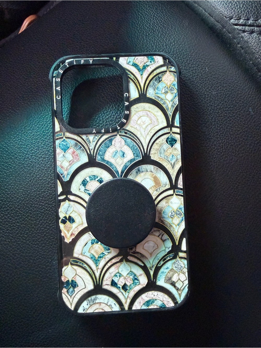 Casetify Phone Case with Black Popsocket - Teal, Gold, White Pattern